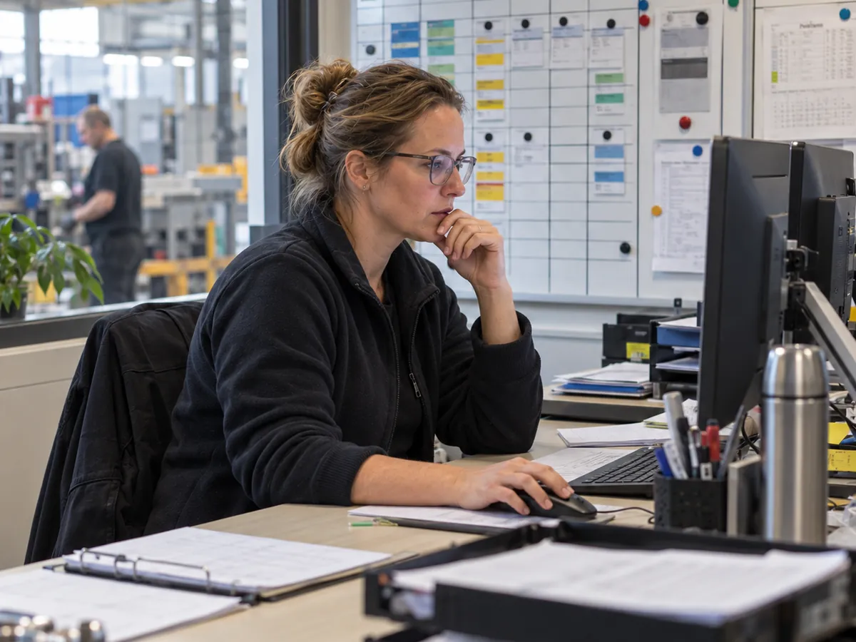 Kwaliteitsmedewerker in een productiebedrijf controleert op haar scherm voor ze iets goedkeurt (AI-sfeerbeeld)