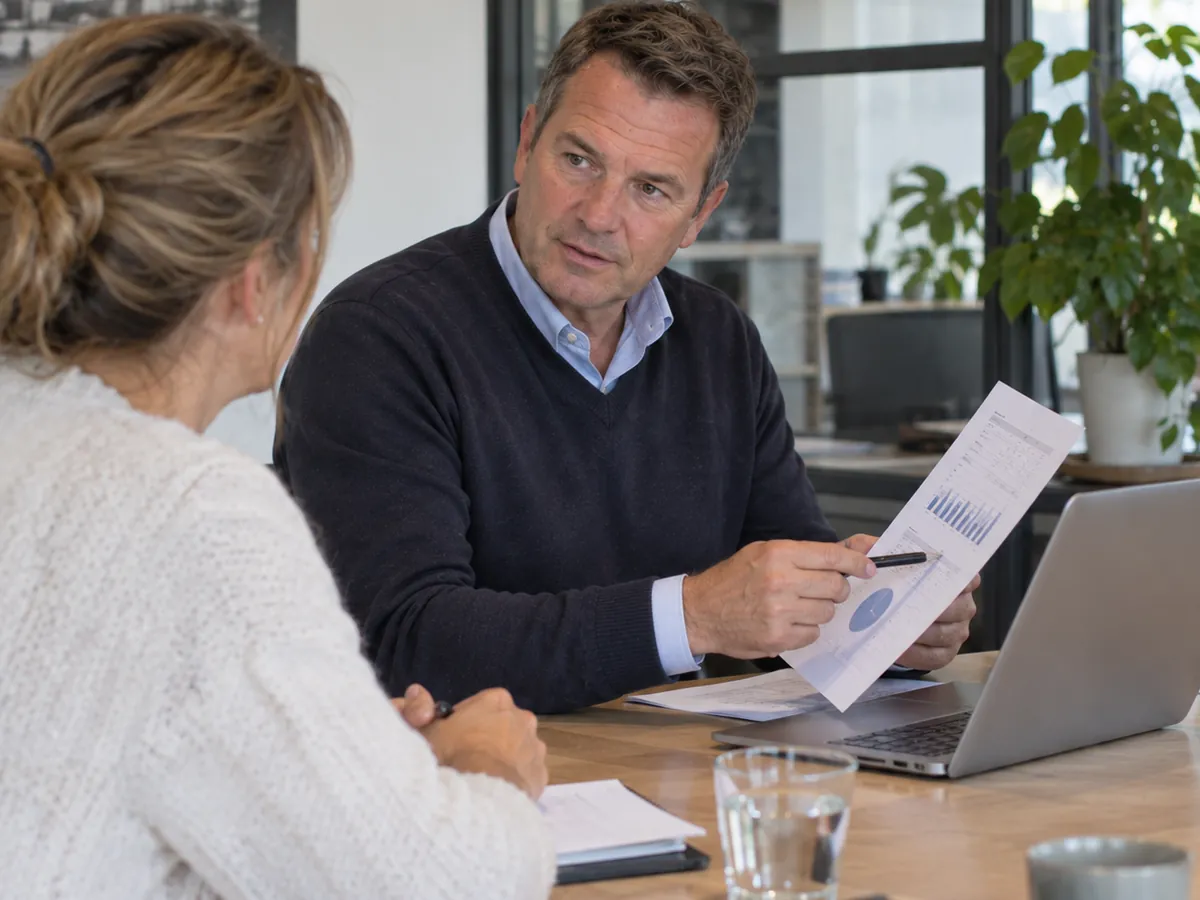 Zaakvoerder bespreekt een afgedrukt overzicht met een collega aan tafel (AI-sfeerbeeld)