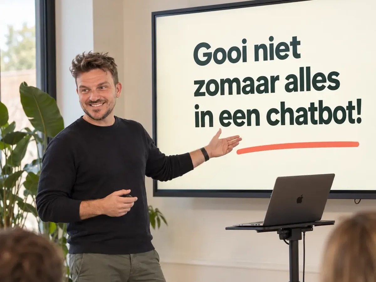 Trainer bij een slide met de tekst Gooi niet zomaar alles in een chatbot (AI-sfeerbeeld)