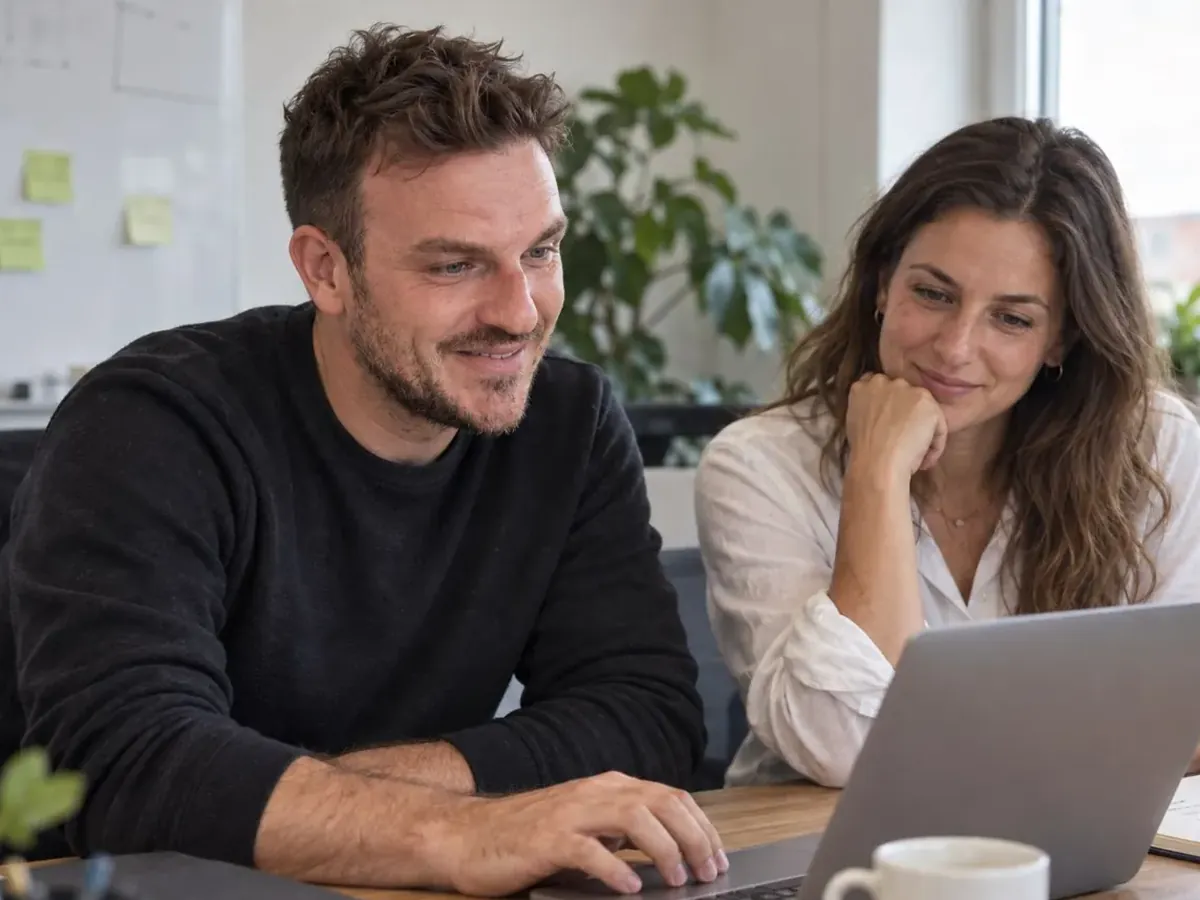 Trainer en deelnemer samen aan de laptop (AI-sfeerbeeld)