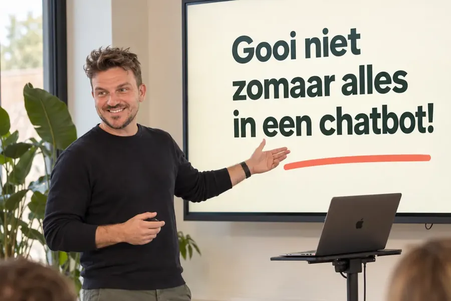 Trainer legt aan een team uit hoe je veilig met AI werkt (AI-sfeerbeeld)