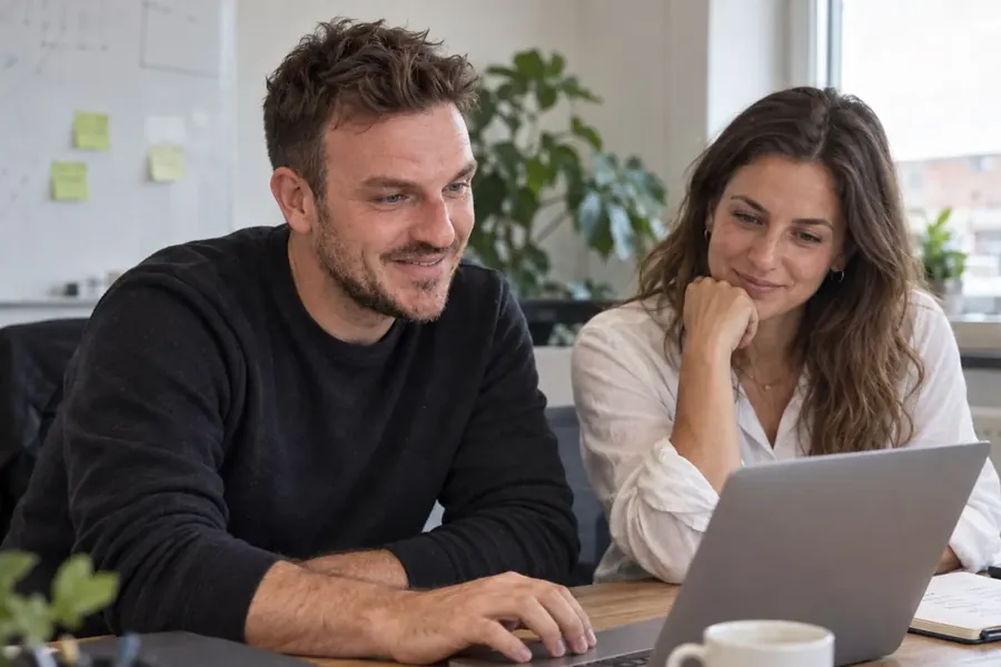 Trainer en deelnemer samen aan de laptop (AI-sfeerbeeld)