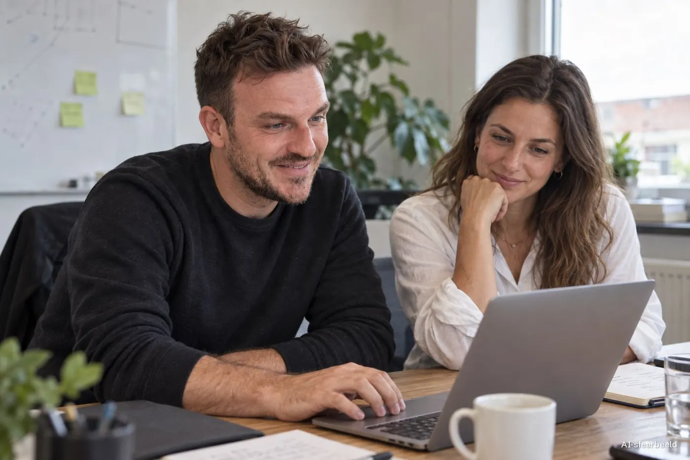 Trainer en deelnemer werken samen aan een laptop (AI-sfeerbeeld)