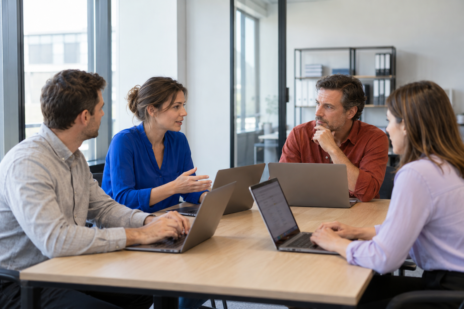 Teamleider en drie collega's overleggen samen aan hun laptops (AI-sfeerbeeld)